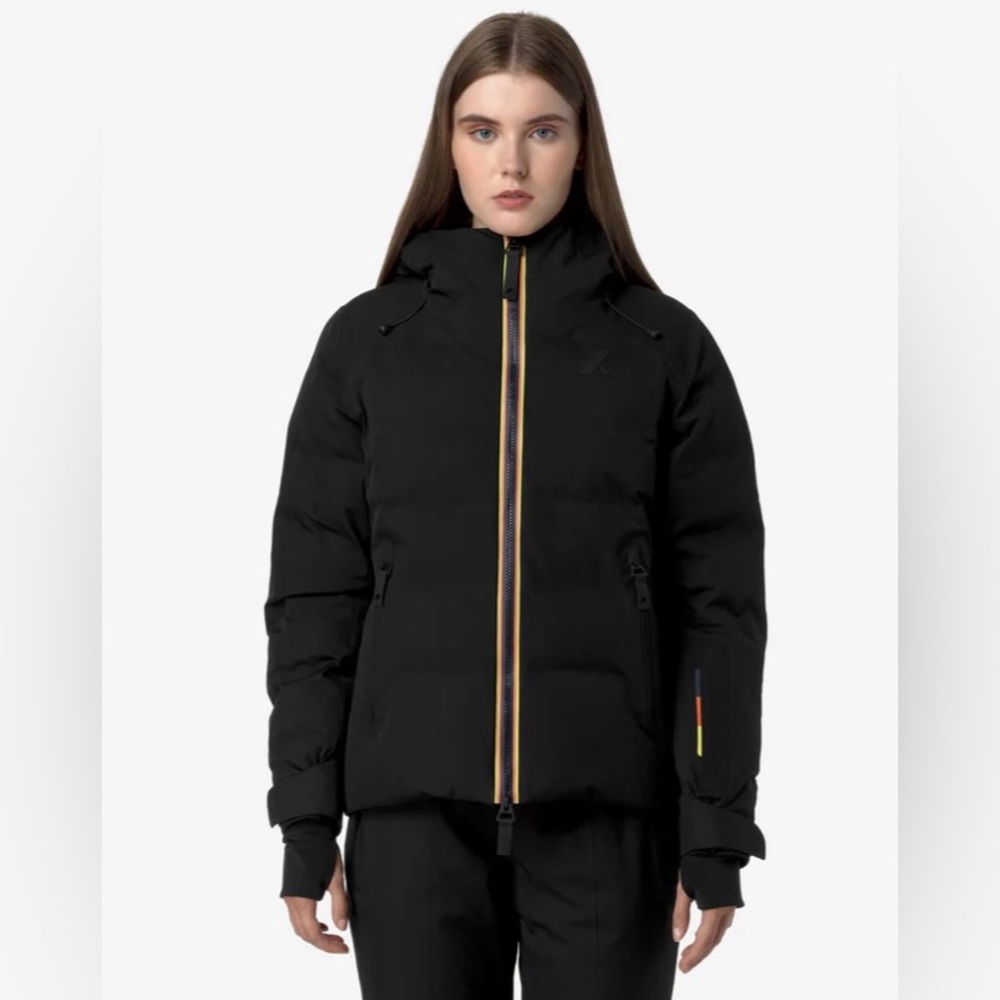K-WAY Puffer Jacket Coat Down Feathers Women's Black‎ XS Hood Rainbow Stripe NEW